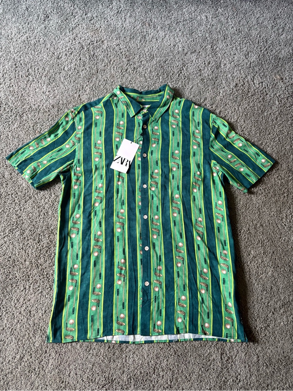 Zara Golf Theme Striped Green Button Down Shirt Mens Size M NWT Short Sleeve
